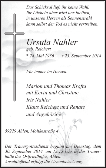 Todesanzeige von Ursula Nahler von MZV