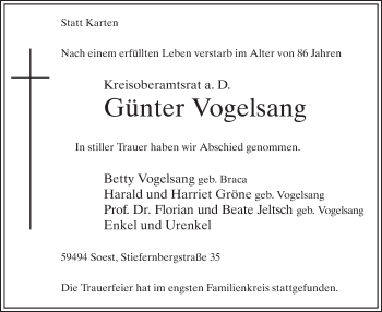 Todesanzeige von Günter Vogelsang von MZV