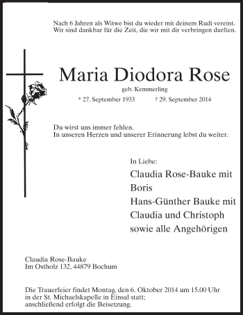 Todesanzeige von Maria Diodora Rose von MZV