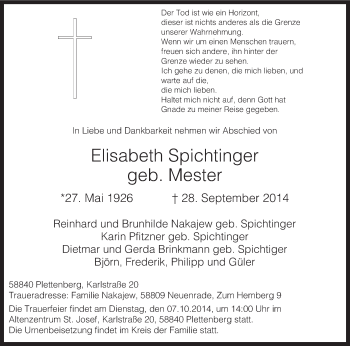 Todesanzeige von Elisabeth Spichtinger von MZV