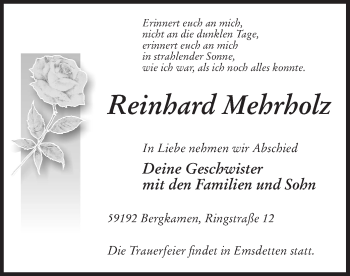 Todesanzeige von Reinhard Mehrholz von MZV