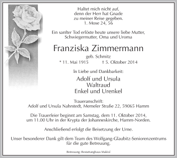 Todesanzeige von Franziska Zimmermann von MZV