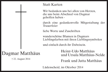 Todesanzeige von Dagmar Matthäus von MZV