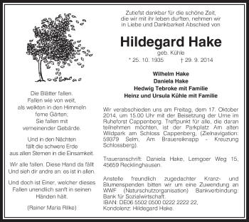 Todesanzeige von Hildegard Hake von MZV