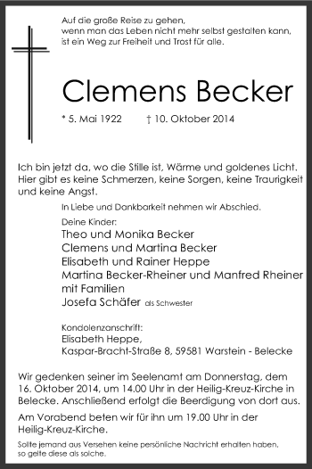 Todesanzeige von Clemens Becker von MZV