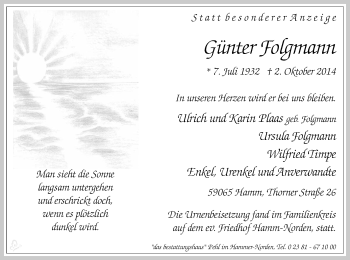 Todesanzeige von Günter Folgmann von MZV