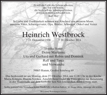 Todesanzeige von Heinrich Westbrock von MZV