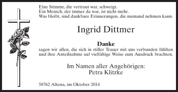 Todesanzeige von Ingrid Dittmer von MZV