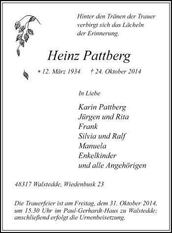 Todesanzeige von Heinz Pattberg von MZV