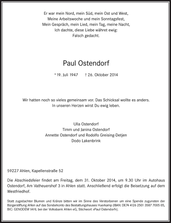 Todesanzeige von Paul Ostendorf von MZV