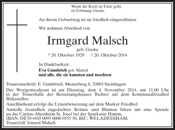 Todesanzeige von Irmgard Malsch von MZV