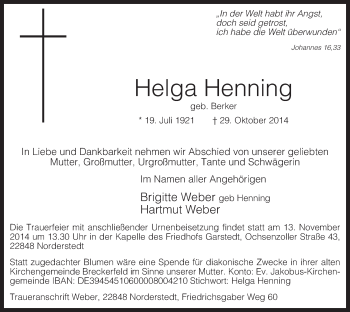Todesanzeige von Helga Henning von MZV