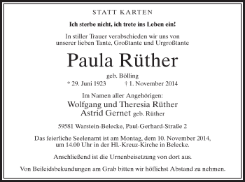 Todesanzeige von Paula Rüther von MZV