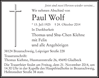 Todesanzeige von Paul Wolf von MZV