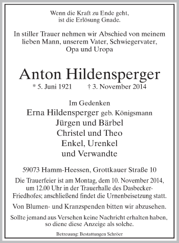 Todesanzeige von Anton Hildensperger von MZV