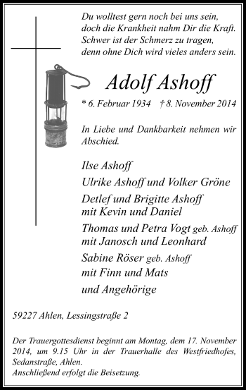 Todesanzeige von Adolf Ashoff von MZV