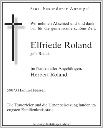 Todesanzeige von Elfriede Roland von MZV