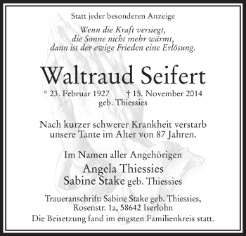 Todesanzeige von Waltraud Seifert von MZV