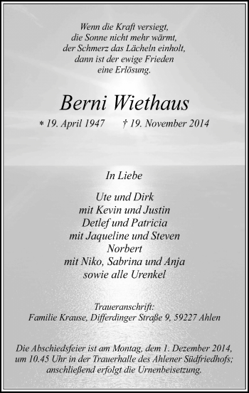 Todesanzeige von Berni Wiethaus von MZV