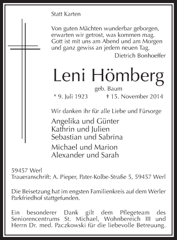 Todesanzeige von Leni Hömberg von MZV