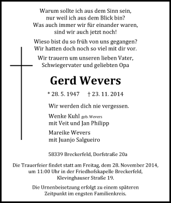 Todesanzeige von Gerd Wevers von MZV