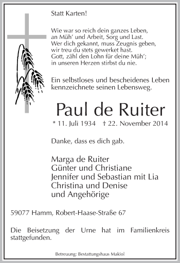 Todesanzeige von Paul de Ruiter von MZV