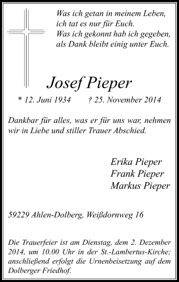 Todesanzeige von Josef Pieper von MZV