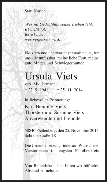 Todesanzeige von Ursula Viets von MZV