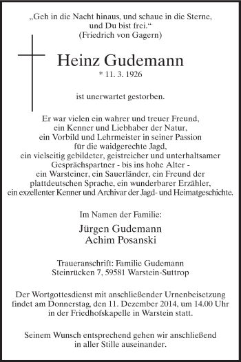 Todesanzeige von Heinz Gudemann von MZV