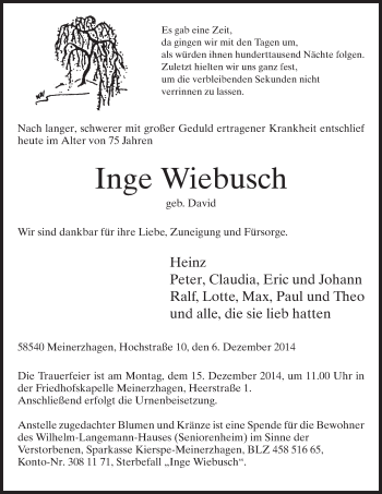 Todesanzeige von Inge Wiebusch von MZV