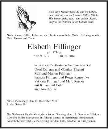 Todesanzeige von Elsbeth Fillinger von MZV