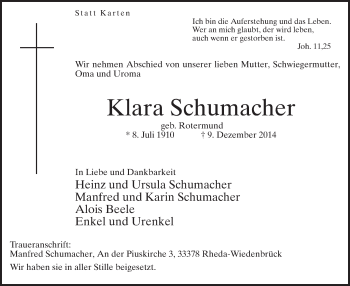 Todesanzeige von Klara Schumacher von MZV