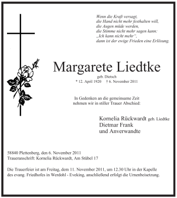 Todesanzeige von Margarete Liedtke von WESTFÄLISCHER ANZEIGER