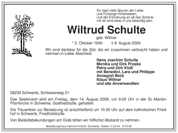 Todesanzeige von Wiltrud Schulte von WESTFÄLISCHER ANZEIGER