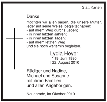 Todesanzeige von Lydia Heyer von WESTFÄLISCHER ANZEIGER