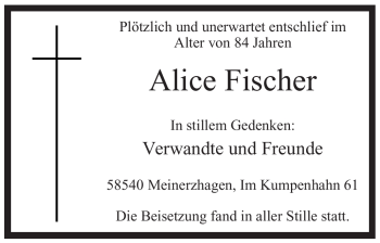 Todesanzeige von Alice Fischer von WESTFÄLISCHER ANZEIGER
