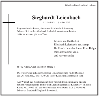 Todesanzeige von Sieghardt Leienbach von WESTFÄLISCHER ANZEIGER