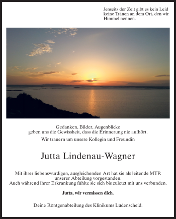 Todesanzeige von Jutta Lindenau-Wagner von MZV