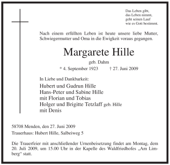 Todesanzeige von Margarete Hille von WESTFÄLISCHER ANZEIGER