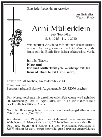 Todesanzeige von Anni Müllerklein von WESTFÄLISCHER ANZEIGER