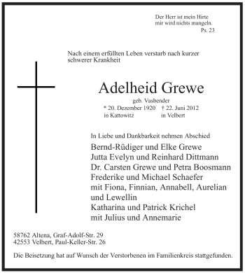 Todesanzeige von Adelheid Grewe von WESTFÄLISCHER ANZEIGER