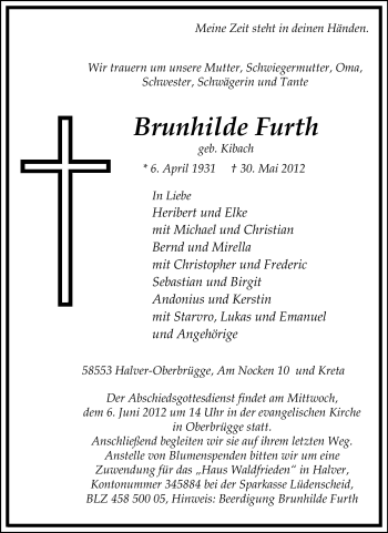 Todesanzeige von Brunhilde Furth von WESTFÄLISCHER ANZEIGER