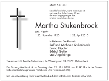 Todesanzeige von Martha Stukenbrock von WESTFÄLISCHER ANZEIGER