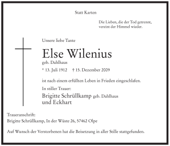 Todesanzeige von Else Wilenius von WESTFÄLISCHER ANZEIGER