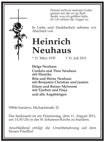 Todesanzeige von Heinrich Neuhaus von WESTFÄLISCHER ANZEIGER