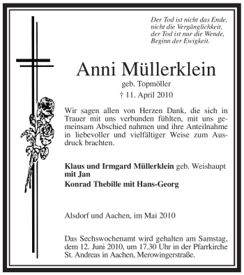 Todesanzeige von Anni Müllerklein von WESTFÄLISCHER ANZEIGER
