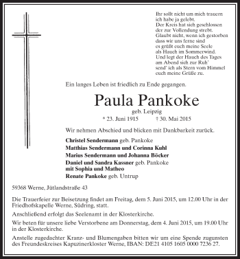Todesanzeige von Paula Pankoke von MZV