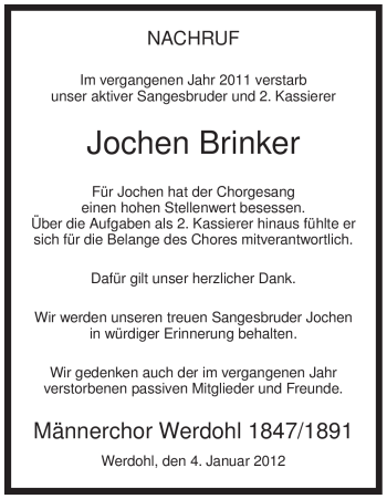 Todesanzeige von Jochen Brinker von WESTFÄLISCHER ANZEIGER