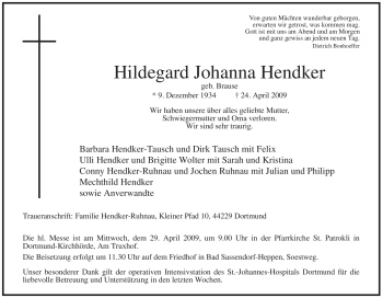 Todesanzeige von Hildegard Johanna Hendker von WESTFÄLISCHER ANZEIGER