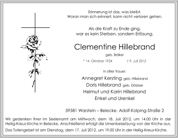 Todesanzeige von Clementine Hillebrand von WESTFÄLISCHER ANZEIGER